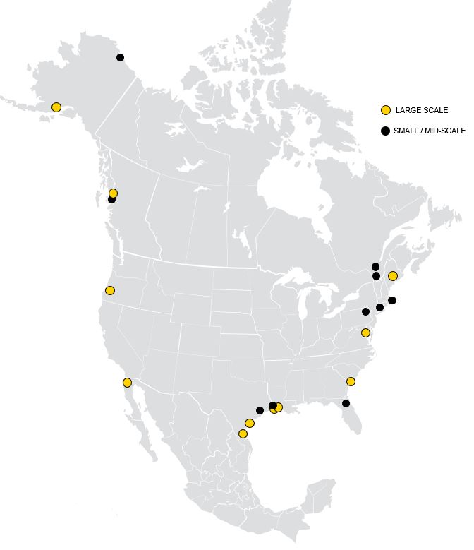 A map of Norway with black and yellow dots to represent large and small scale LNG project experience across Norway
